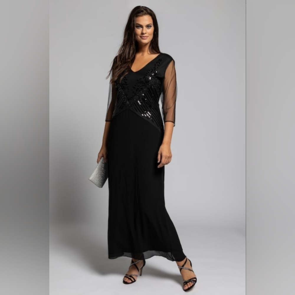 Ulla Popken Black Sequin Mesh Sleeve Midi Dress